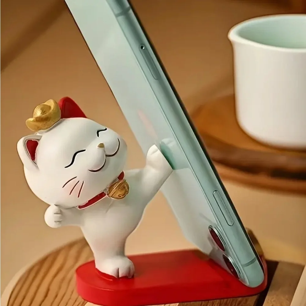Lucky Cat Desk Phone Stand Figurine with Red Base